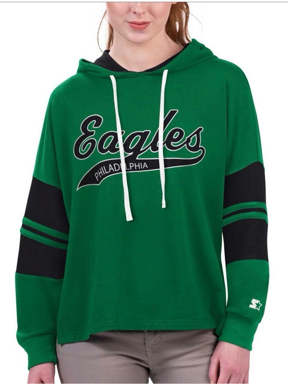 Philadelphia Eagles Women’s Kelly Green Longsleeve T-Shirt Hoodie, Size XL